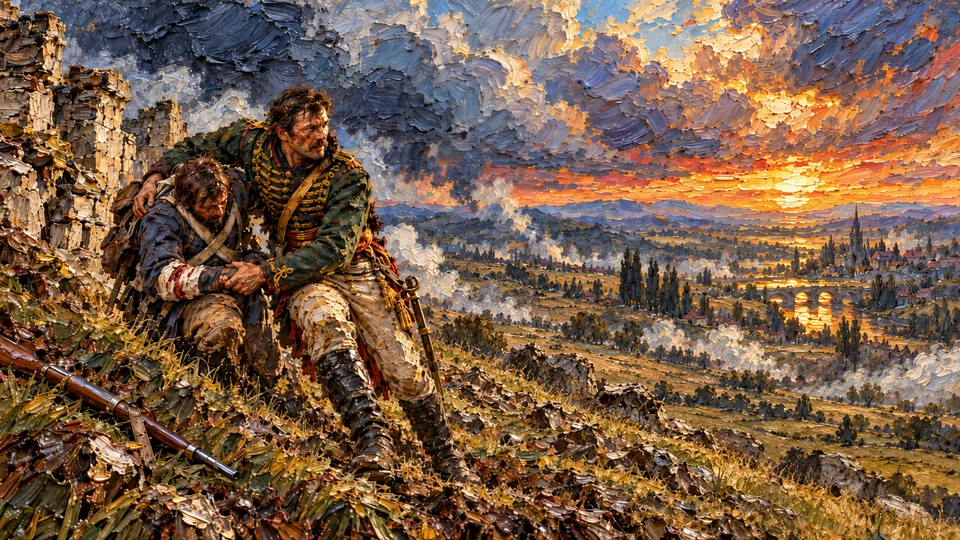 An officer helps a wounded soldier on a rocky battlefield overlooking a valley and a golden sunset, rendered in thick palette-knife paint.