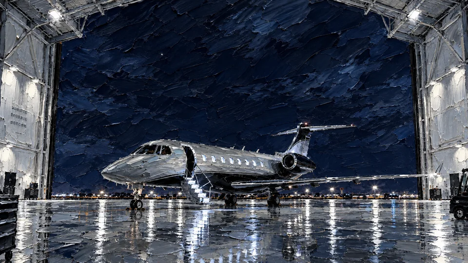 A silver private jet rests beneath an open hangar at night, its illuminated stairs and silver reflections rendered in thick sculptural palette-knife paint.