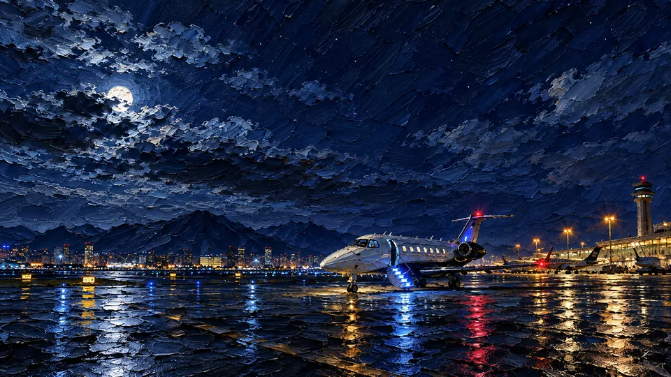 A moonlit private jet on a rain-darkened airport apron, reimagined in thick palette-knife paint with luminous blue, amber and red reflections.