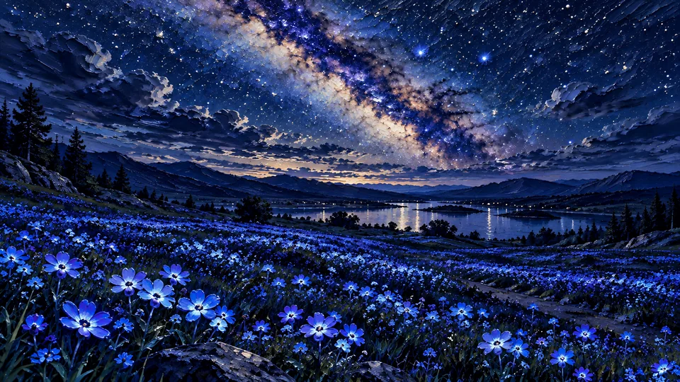 Luminous blue wildflowers beside a quiet mountain lake under the Milky Way, rendered in thick cobalt, violet and ivory palette-knife impasto.