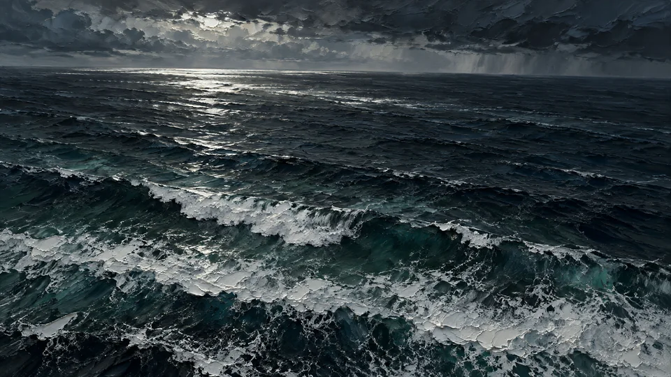 Dark teal ocean waves and white foam beneath enormous storm clouds, with a silver break of light on the horizon in textured impasto.
