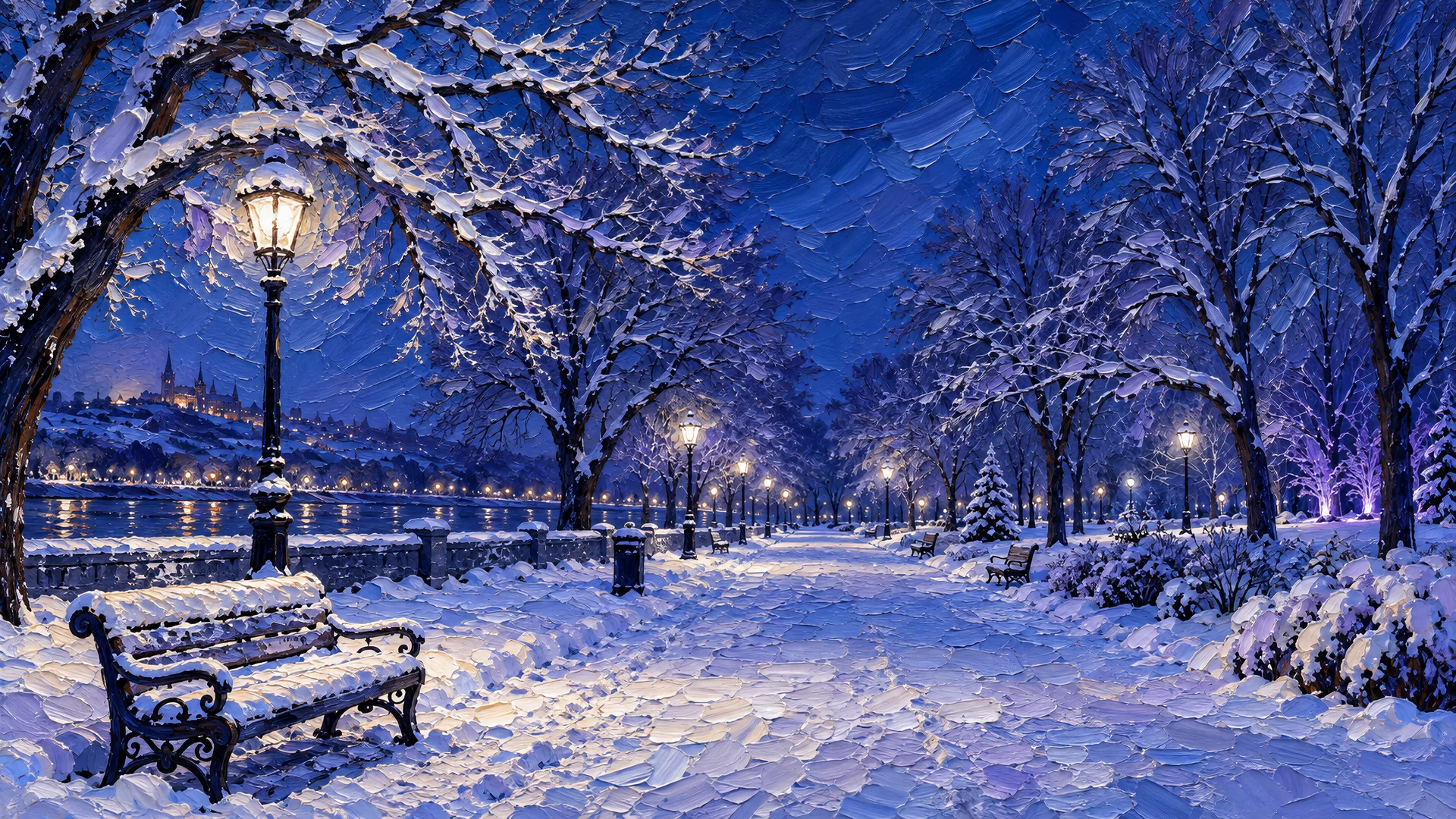 Warm lamplight glows along a snow-covered promenade, rendered in sculptural blue, lavender and ivory paint